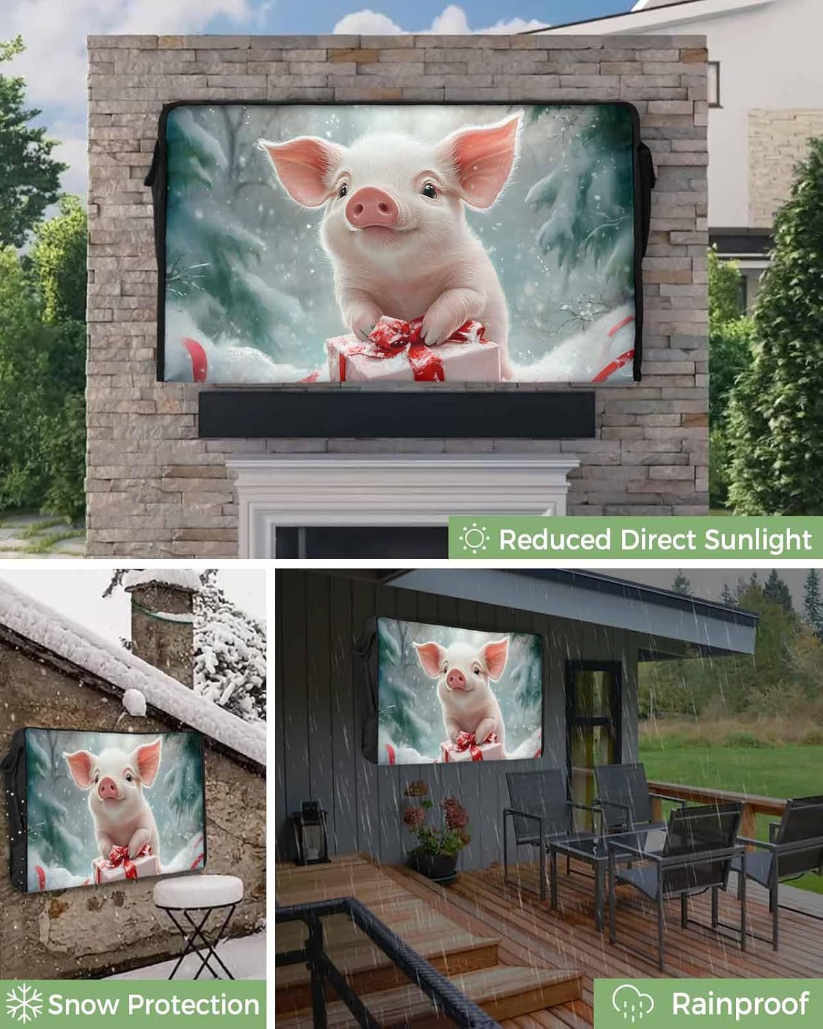 Christmas Pig Teal Outdoor TV Cover 70"-75" - 600D Waterproof TV Cover Weatherproof TV Screen Protector Dustproof Winter Snowy Xmas Tree TV Display Protector for Outside Flat Screen TV