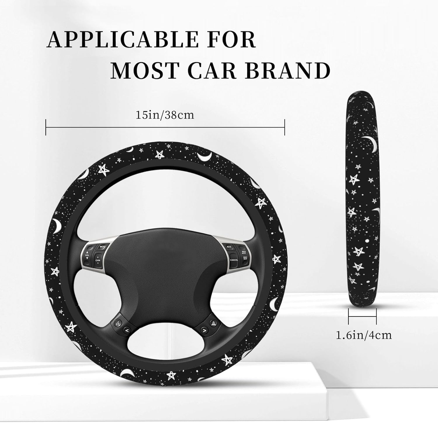 Black White Moon Star Neoprene Steering Wheel Cover Anti-Slip Elastic Moon Steering Wheel Protective Cover 15in Universal Car Accessories Fit Cars, SUVs, Auto - Image 5