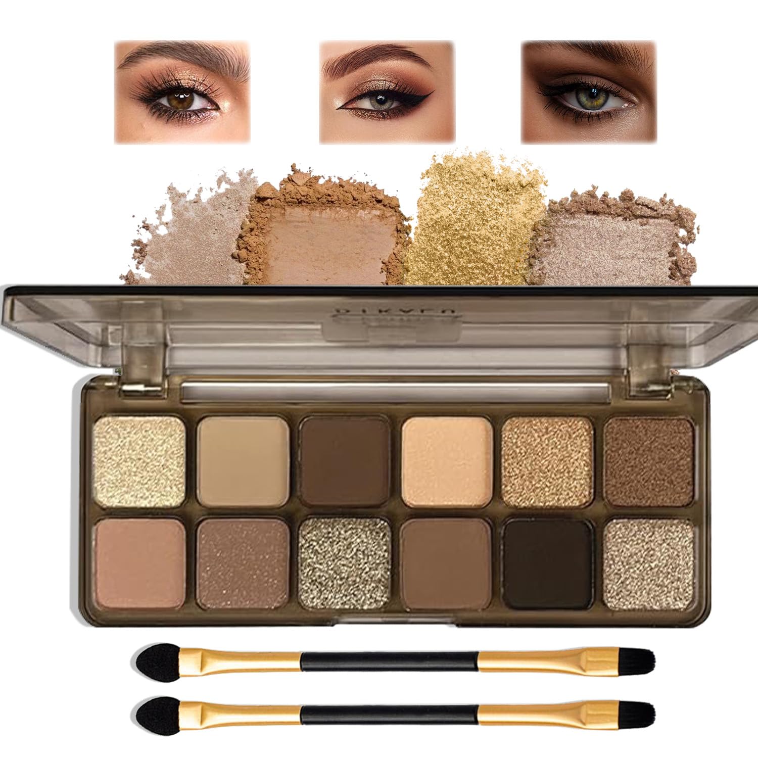 12-Color Matte Eyeshadow Palette, Nude & Dark Brown Shades with Silver & Gold Shimmer, Highly Pigmented, Waterproof