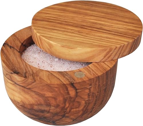 Naturally Med Salero de madera de olivo/olla/caja de sal con tapa giratoria magnética