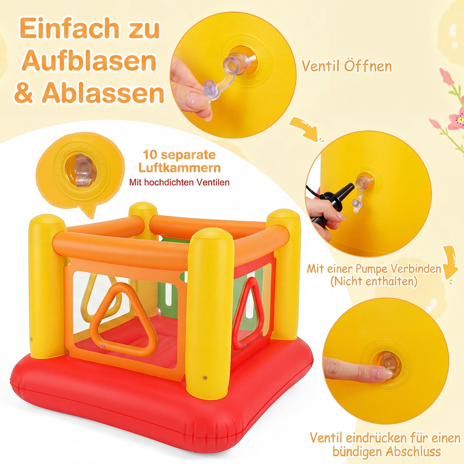 COSTWAY Hüpfburg, Bouncy Castle mit 4 Türen für Kinder, 160 x 160 x 125 cm (Rot + Gelb)