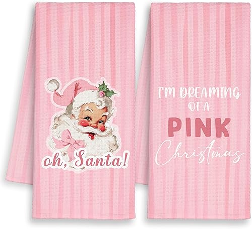 Miniatura 12 de Pink Merry Christmas Y'all - Juego de 2 toallas de cocina de Papá Noel, divertidas toallas de mano retro para decoración de baño de niñas, toalla de
