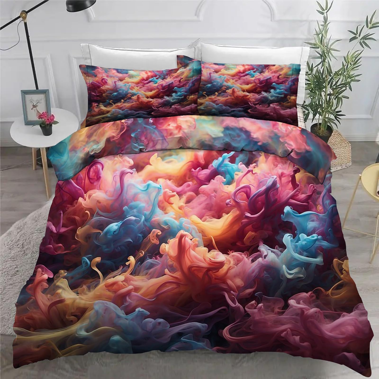 Generisch Niebiesko-różowa pościel 155 x 220 cm, poszewka na kołdrę z nadrukiem 3D, 3-częściowy zestaw pościeli z oddychającej i miękkiej mikrofibry, 2 poszewki na poduszki z zamkiem błyskawicznym