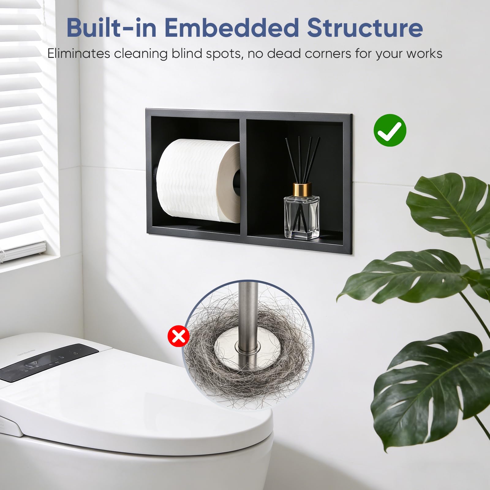 Portarrollos Papel Higiénico Empotrado, Acero Inoxidable 304 Portarrollos Grueso Mueble Baño Nicho Pared 31×15×10Cm con Borde Enrollado 1 Cm Estante Pared Papel Higiénico (Negro, A)