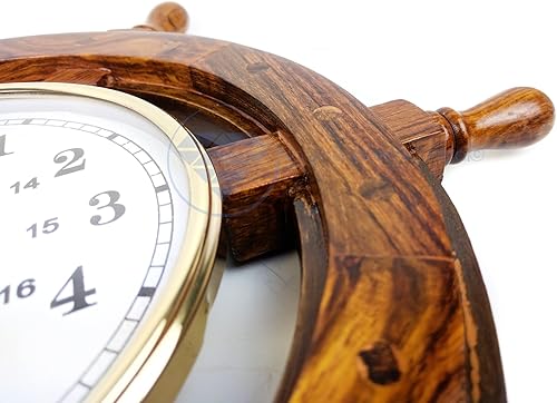 Miniatura 5 de Nagina International Rueda de barco náutico hecha a mano de 16 pulgadas con esfera de número arábigo de 6 pulgadas | Reloj de decoración de pared