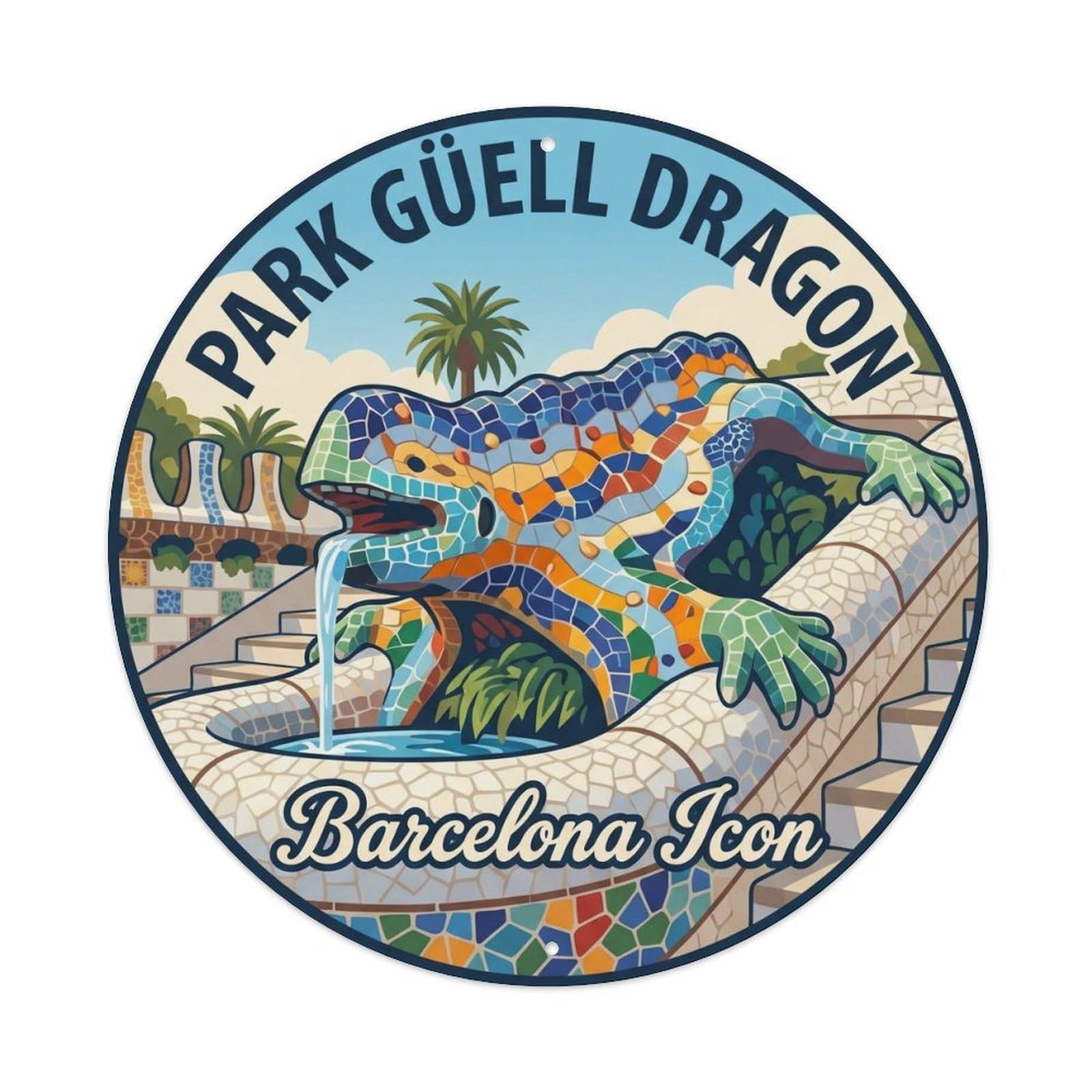 Vintage Barcelona Mosaic Dragon Catalan Spanish Culture Metal Tin Sign Plaque Wall Decor for Cafe, Man Cave, Club Bar, Office, Home Garden Round Metal Poster 8x8Inch
