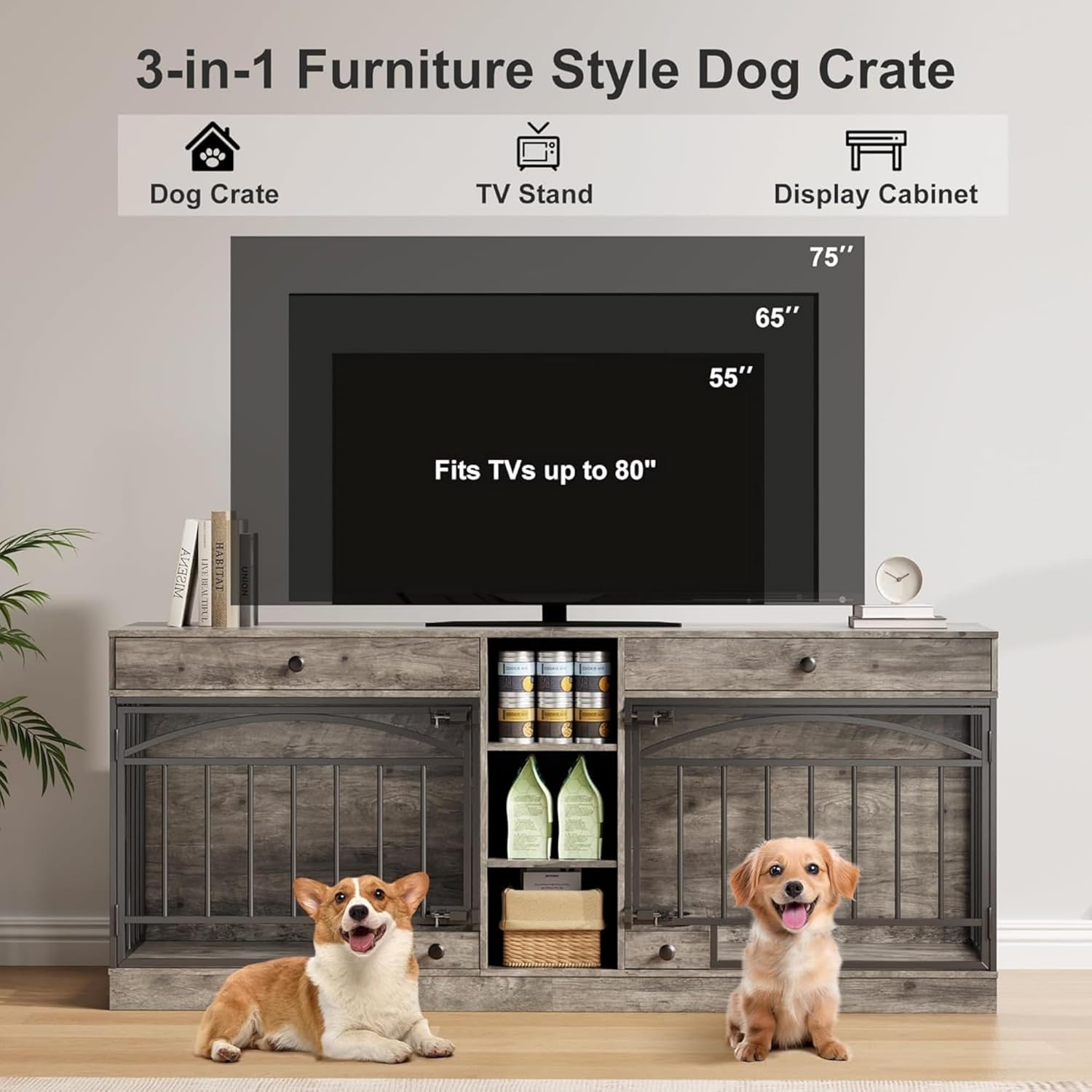 GarveeLife Double Dog Crate Furniture with Storage – 78.7" Large Indoor Kennel with 2 Drawers & 3 Shelves, Pet Crate TV Stand for Medium/Large Dogs, Gray