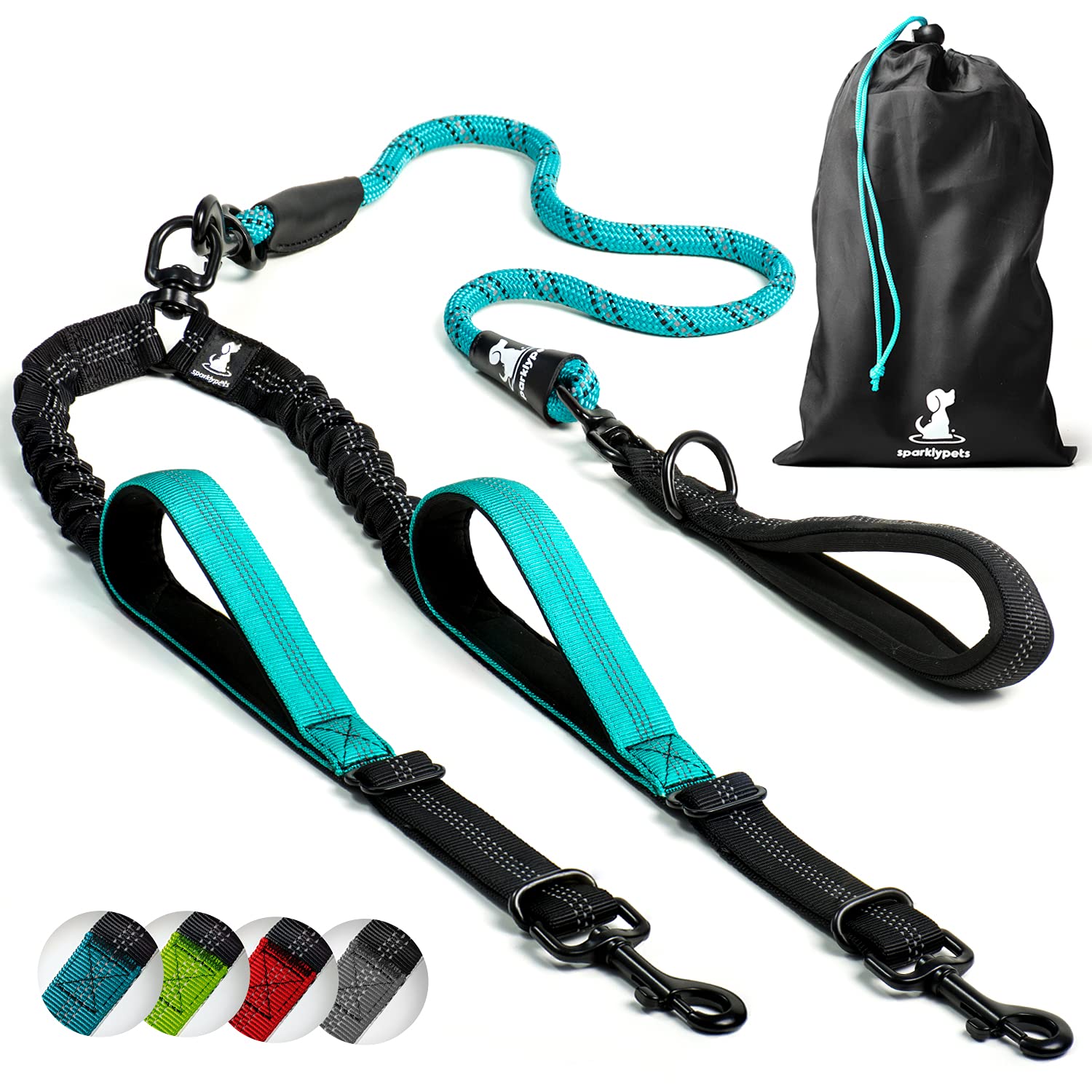 Double Dog Leash for 2 Dogs – Rope Bungee Dual Leash for Medium and Large Breeds with Padded Handles & Tangle Free (Teal, Medium/Large)