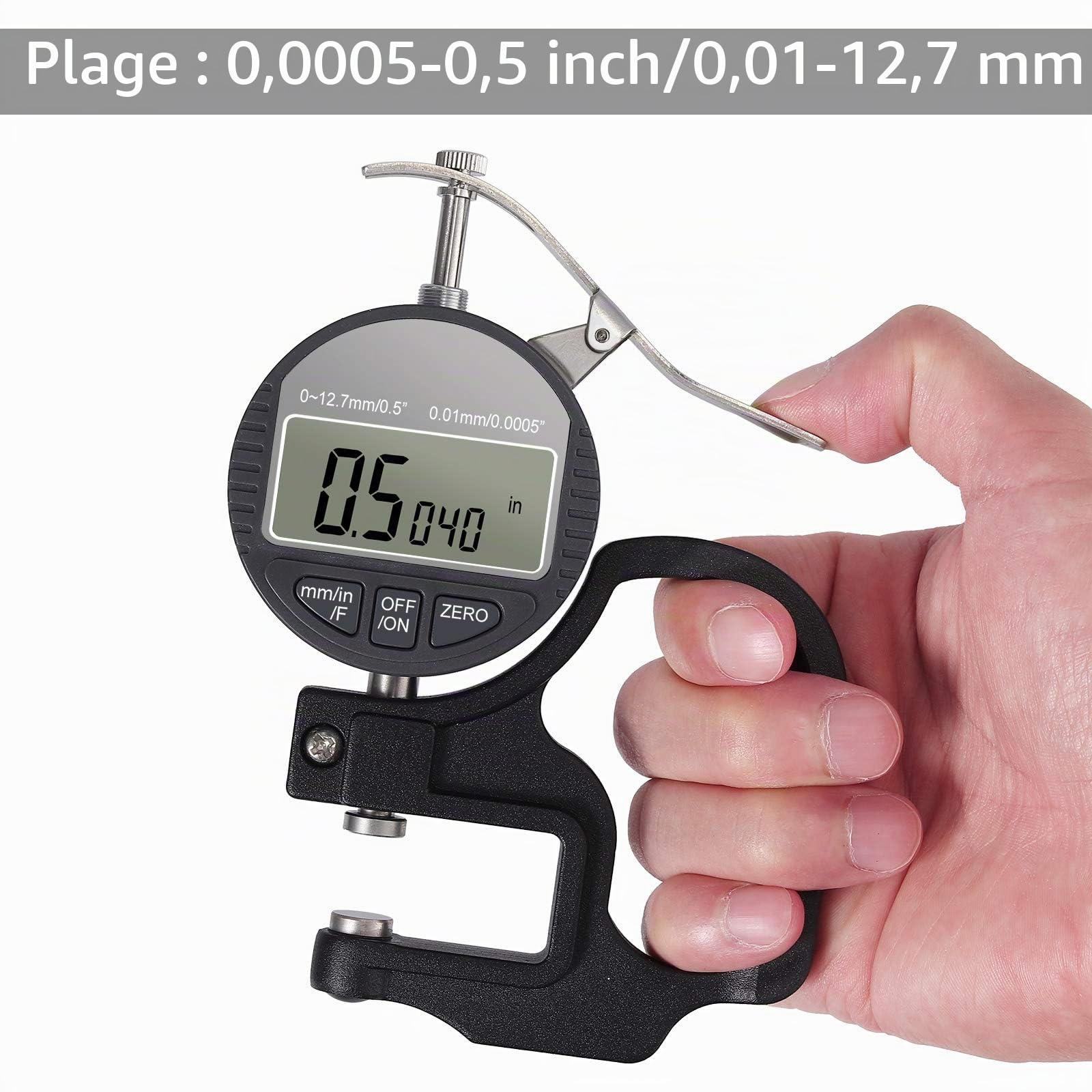 Neoteck Jauge d’Epaisseur Numérique Mesure Thickness Digital 0-12.7 mm,0.01mm/0.0005"/1/128"Micromètre Eléctrique Mm/Pouce/Fraction Pourcentage Affichage LCD à Cristaux Liquides Tissu Cuir Papier