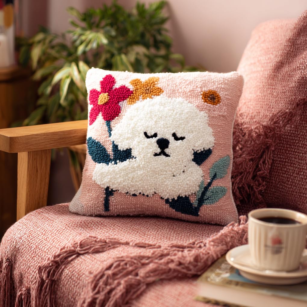 Taxpy Latch Hook Pillow Case Kit for Adults - Bichon Frise and Flowers DIY Cushion Cover Cross Stitch Embroidery 17X17Inch/43X43Cm - Home Decor