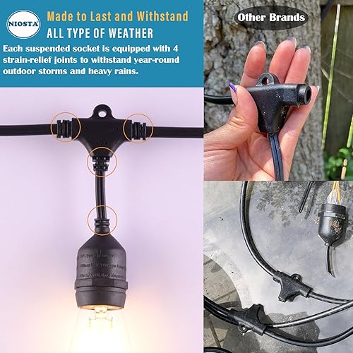 Miniatura 7 de NIOSTA Cadena de luces colgantes para exteriores de 24 pies con 12 bombillas LED regulables, estilo vintage, de grado comercial, resistente a la