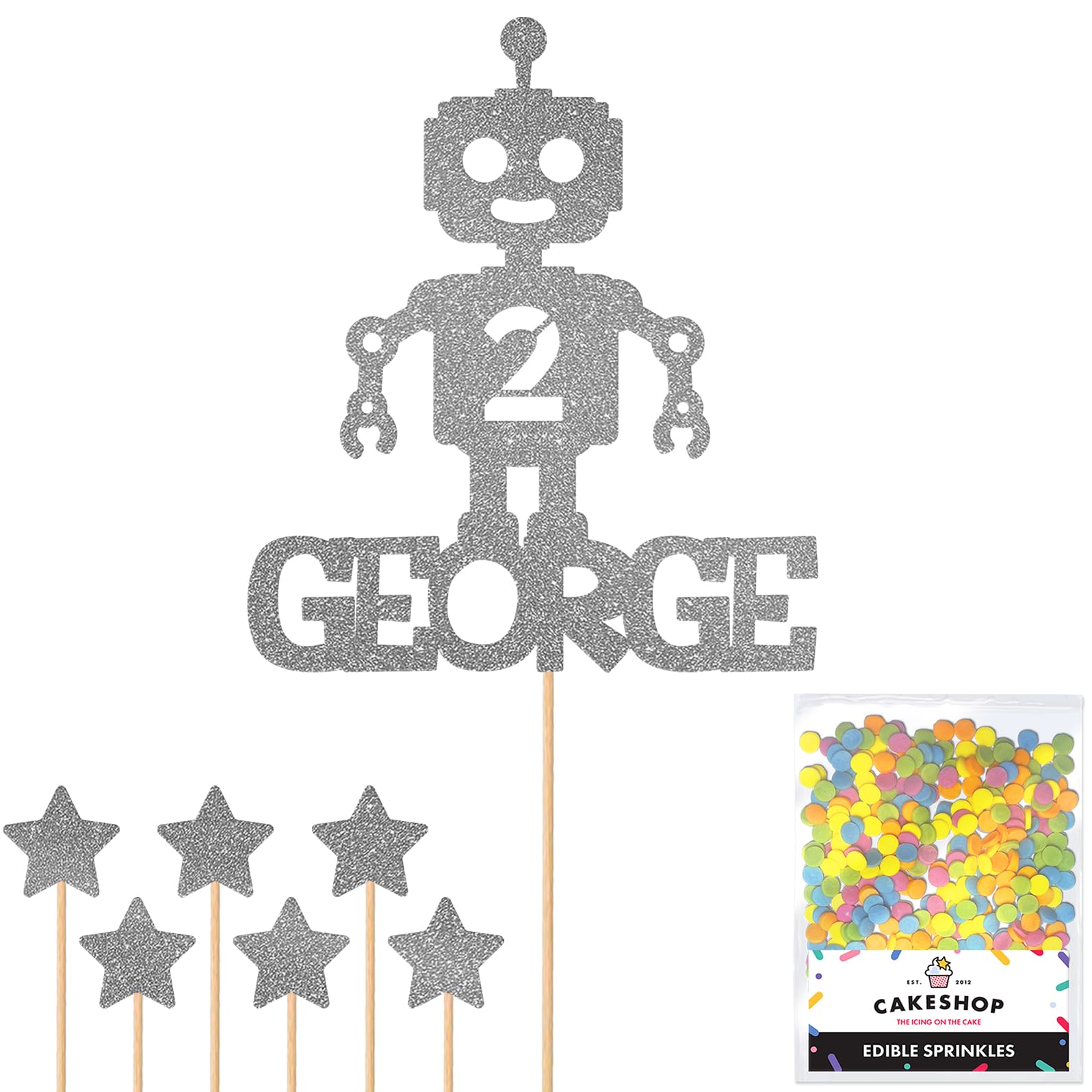 Personalised Birthday Space Robot Glitter Cake Topper Dk Silver Any Custom Age & Name Glitter Cake Decoration and Sprinkles - Happy Birthday Decorations - Personalised Toppers for Cakes by Cakeshop — image 1