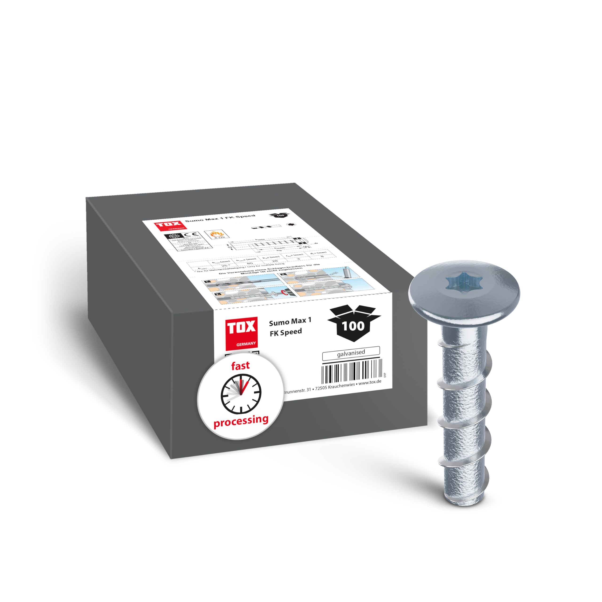 TOX Schraubanker Sumo Max 1 FK Speed 6x28 mm, Betonschraube aus verzinktem Stahl mit Flachkopf und geringer Bohrtiefe, schnelle Montage, bauaufsichtlich zugelassen, 100 Stück im Karton, 041101631
