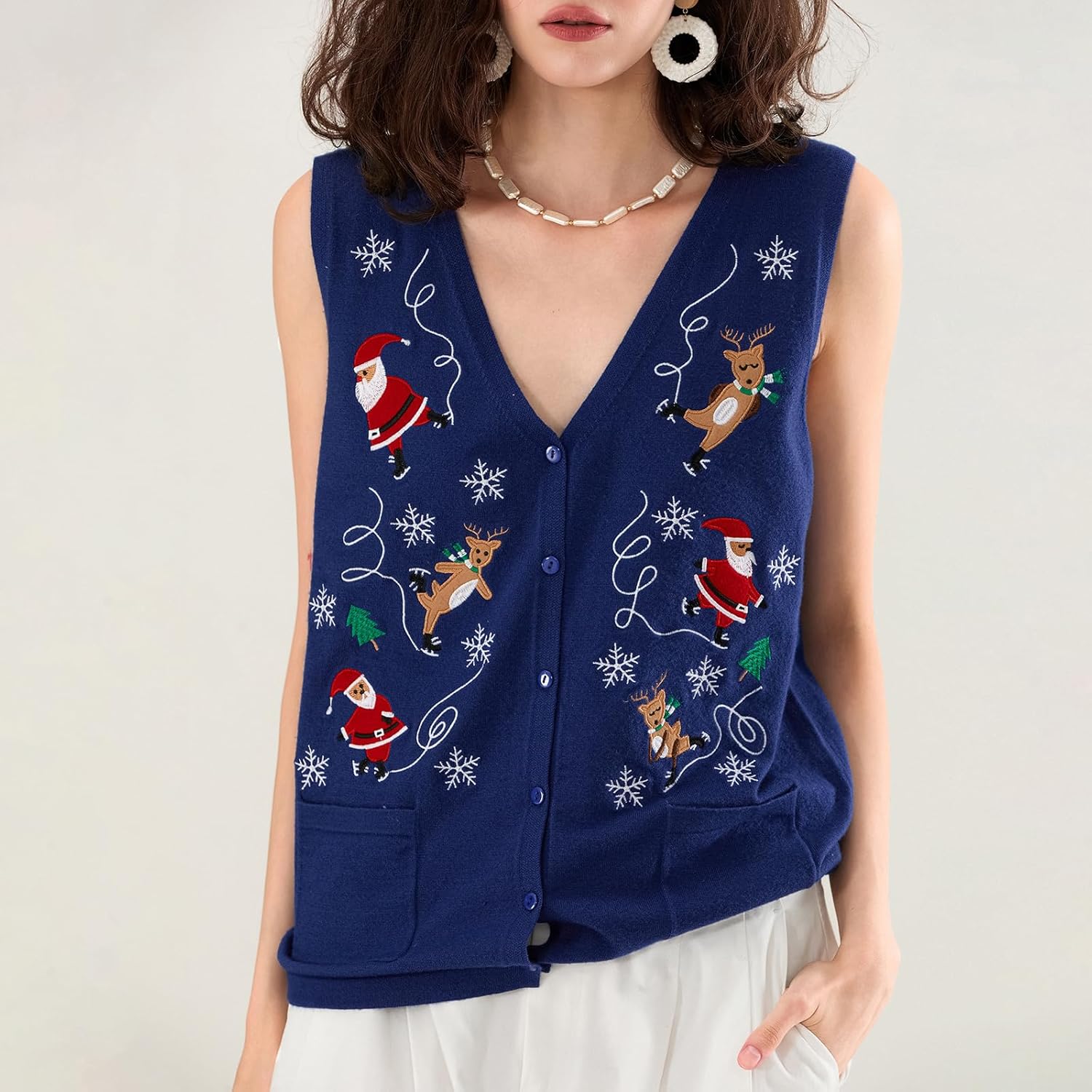 KMBANGI Women Christmas Button Sweater Vest Embroidery Santa Print Sleeveless Cardigan Knit V Neck Vest Top Xmas Clothes - Image 3
