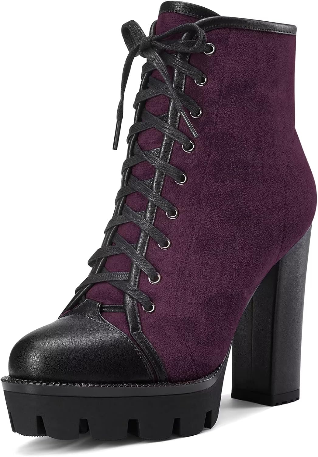 HDEUOLM Women High Chunky Block Platform Heel Round Toe Lace-up Zipper Ankle Boots Short Bootie Shoes