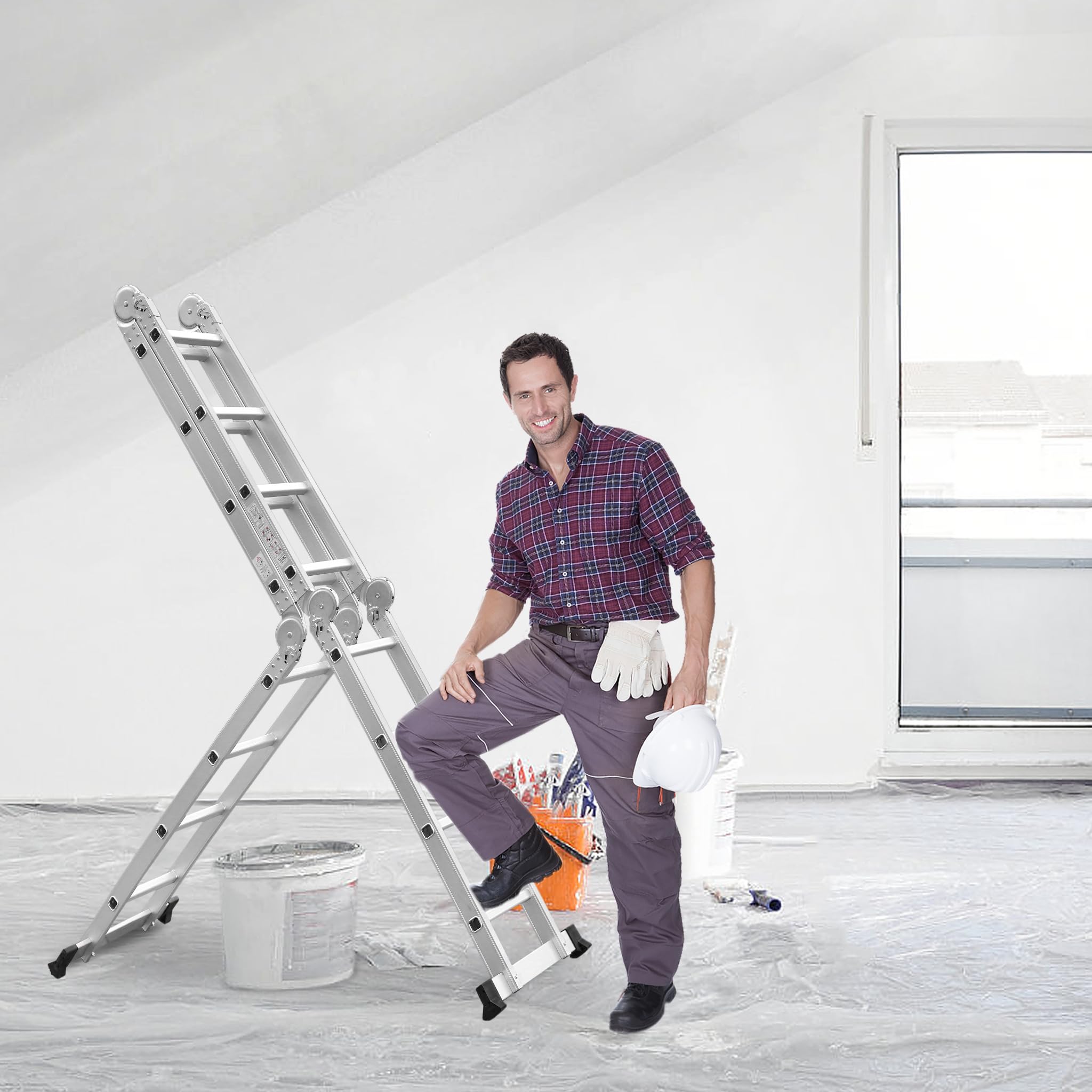 LZQ Échelle pliable multifonction 6 en 1 en aluminium 4 x 3 échelons Hauteur 340 cm Escabeau Échelle simple Échelle transformable