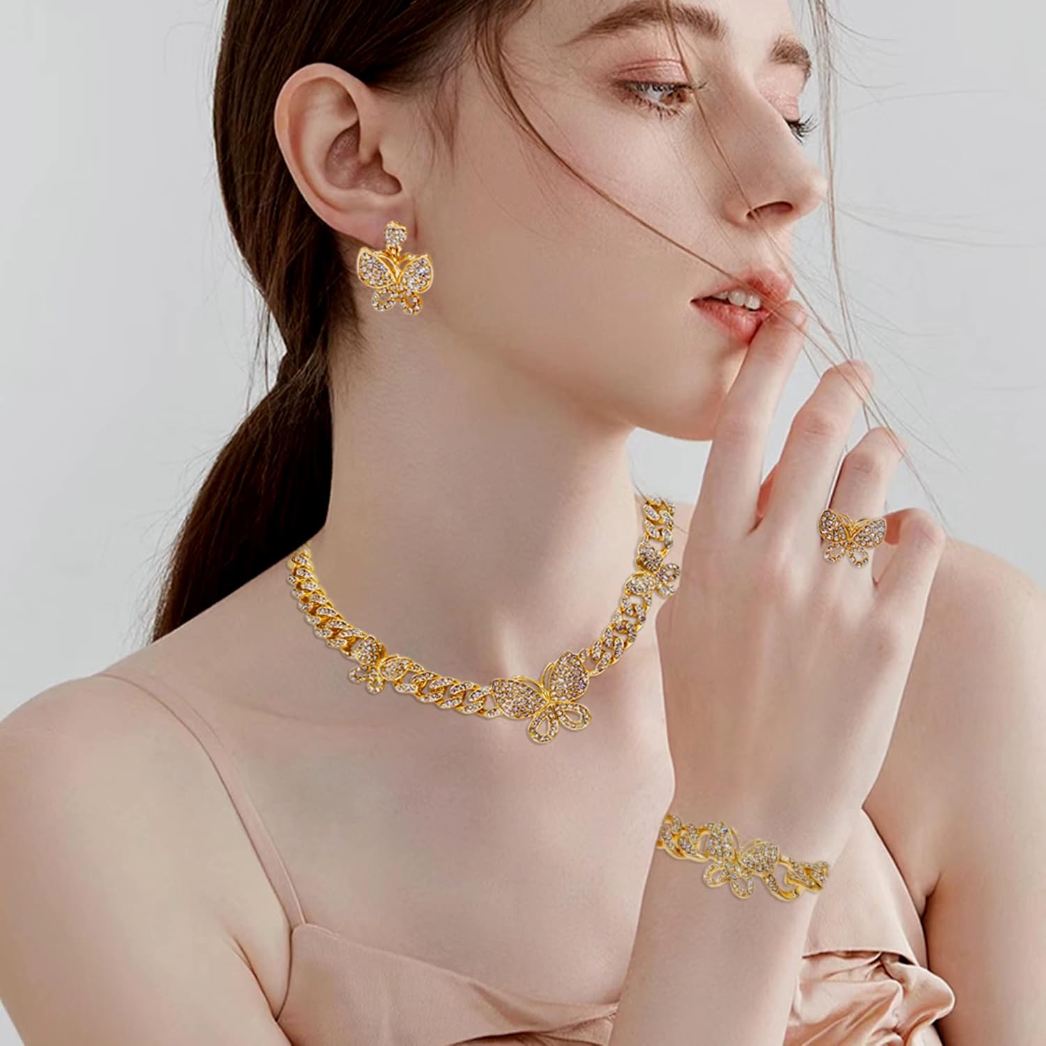 Butterfly Necklaces for Women Cuban Chain Necklace Bracelet Big Butterfly Pendant Necklace Rhinestone Cuban Link Necklace Bling Charm Butterfly Hoop Earrings for Women - Image 5