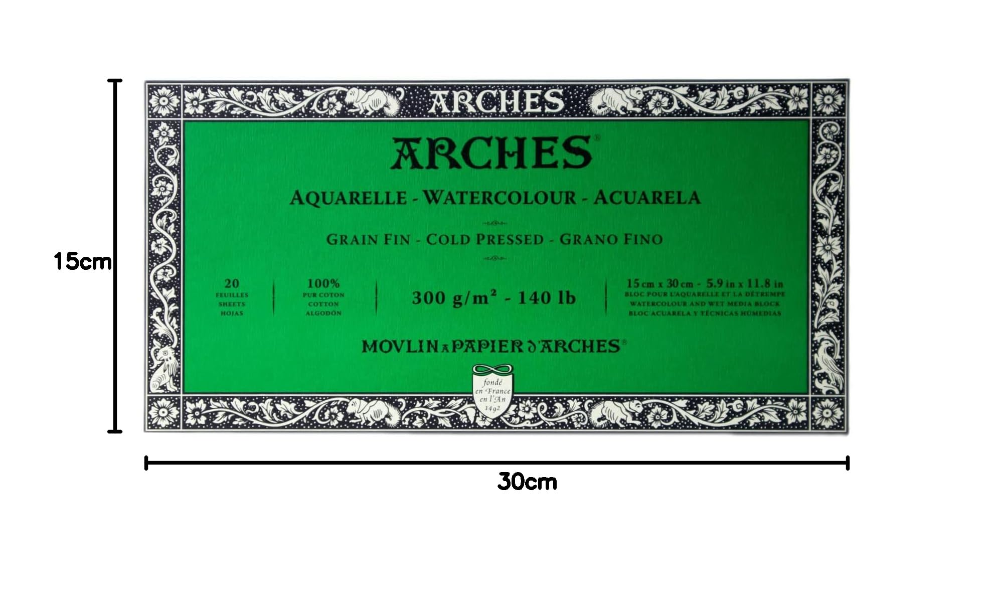 Arches 795057 Bloc Aquarelle Grain Fin Naturel Blanc 300G 15X30CM 20P, Bois, 30 x 15 x 1 cm