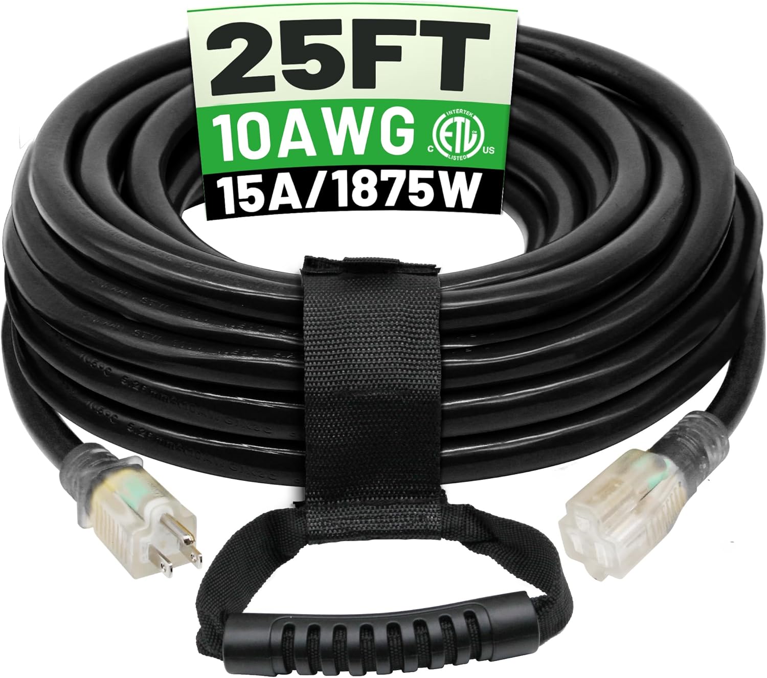 POWGRN 25 Ft 10AWG Black Outdoor Extension Cord Waterproof Heavy Duty 10 Gauge 3 Prong, Flexible Cold-Resistant Power Cord Indoor & Outside with Lighted Indicator End, 15Amp 1875W SJTW ETL Listed Black 25FT