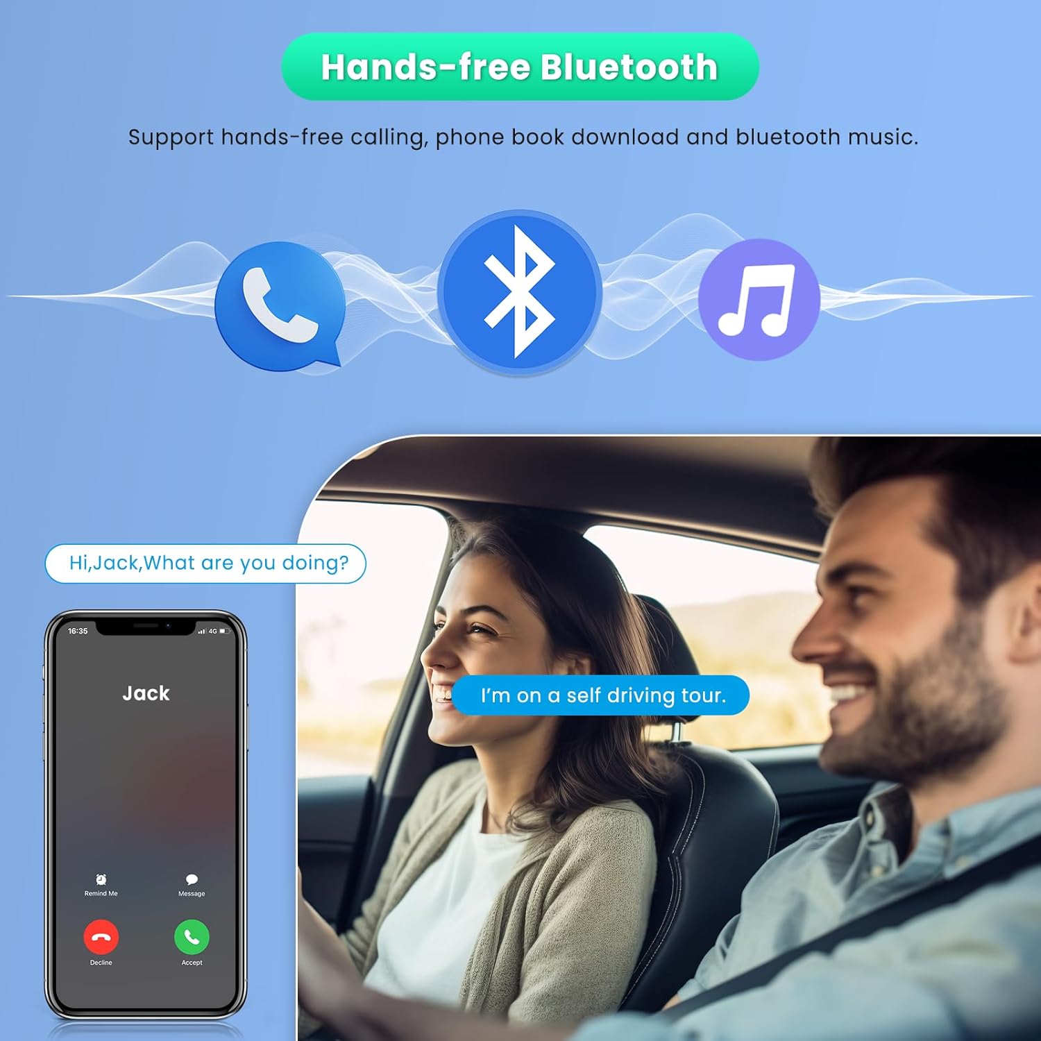 Illustration of hands-free Bluetooth calling in a car, showing a phone call interface on the car radio and a driver speaking.