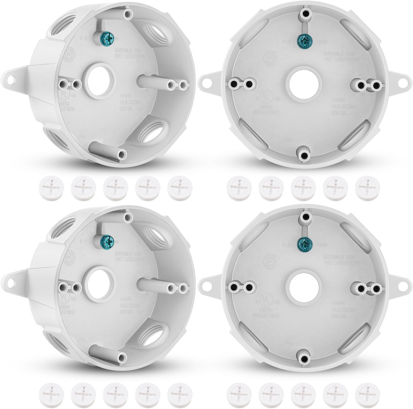Juexica 4 Pcs 4 Inch Round Electrical Box 1/2 Inch 5 Holes Weatherproof Outlet Junction Ceiling Fan Box for Outdoor Lighting Systems, UL Listed(White)