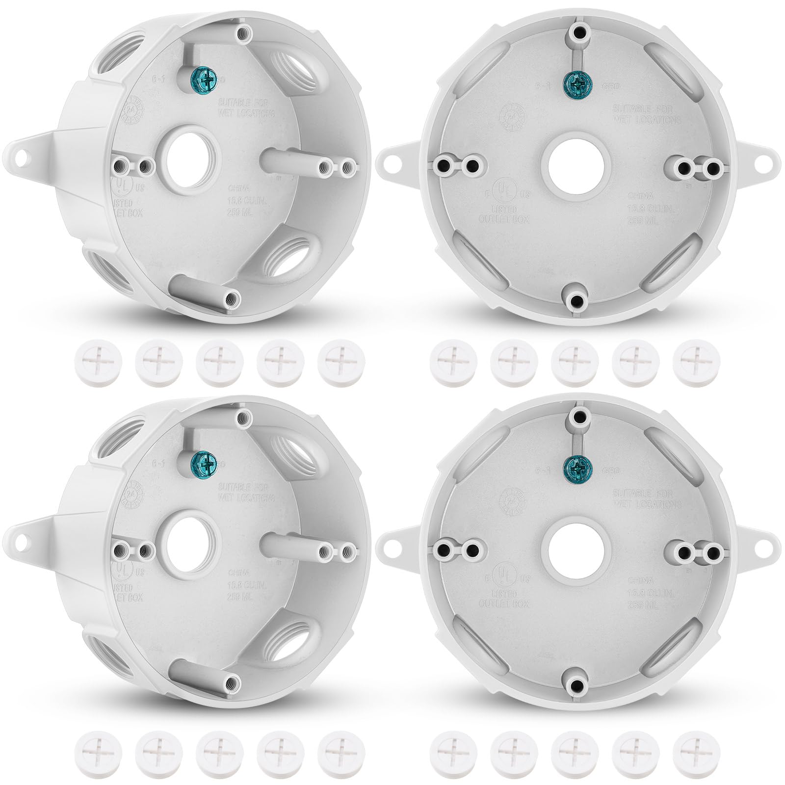 Juexica 4 Pcs 4 Inch Round Electrical Box 1/2 Inch 5 Holes Weatherproof Outlet Junction Ceiling Fan Box for Outdoor Lighting Systems, UL Listed(White)
