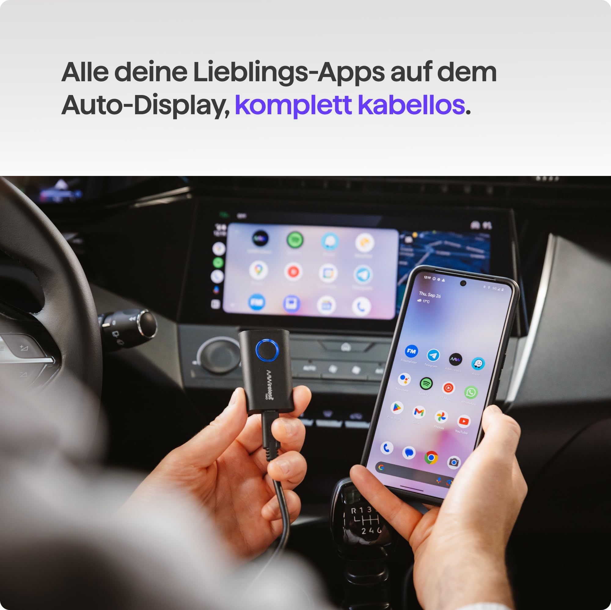 AAWireless Two+ Wireless Carplay Adapter & Android Auto Wireless Adapter 2-in-1 | Kabellose Verbindung via Bluetooth & WiFi | Für iPhone X+ & Android 11+ | Multifunktionsknopf