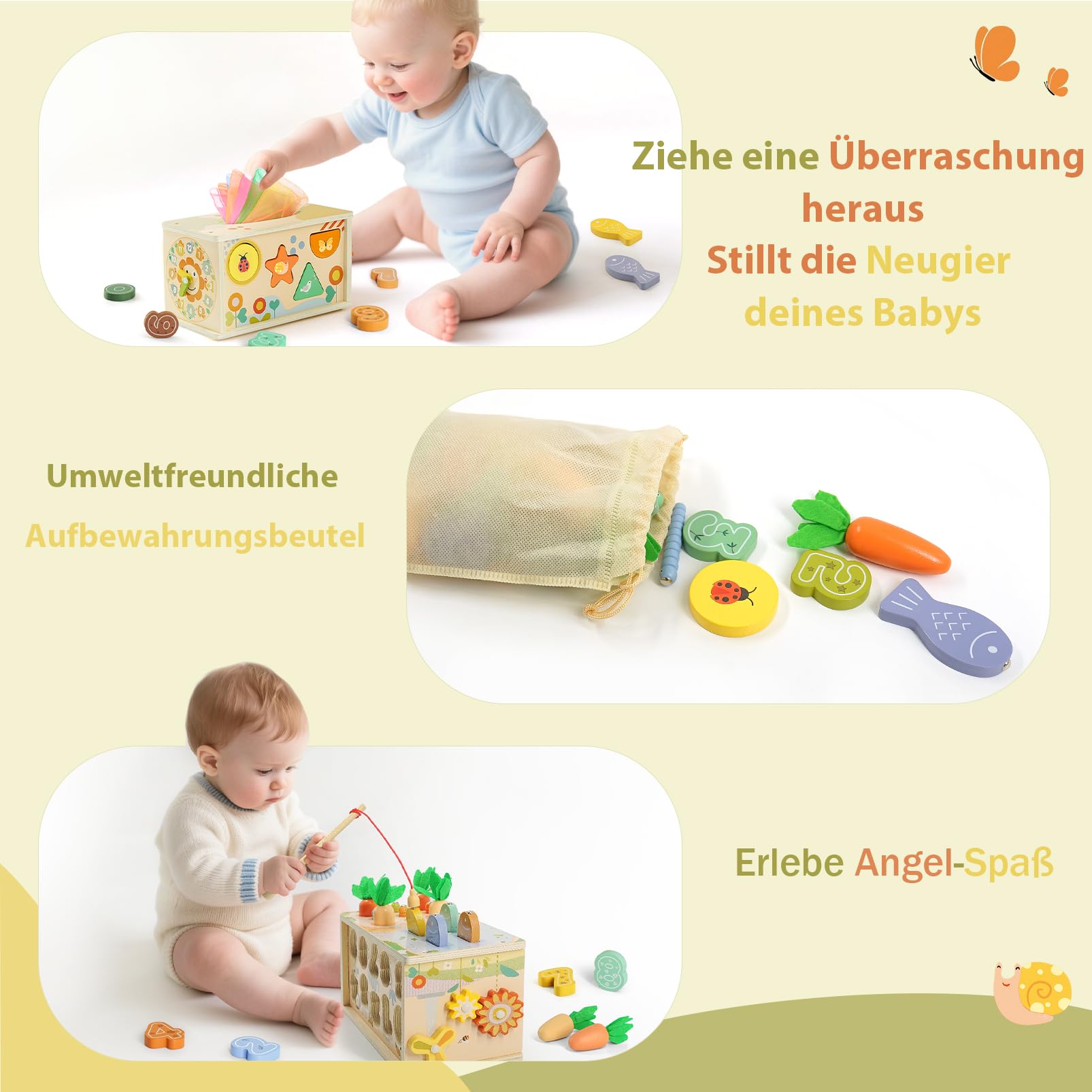 Juguetes Montessori 1 Años, 6 in 1 Montessori Madera Juguete de Caja de Pañuelos para Bebés con Juego de Pesca, Juguete Educativo para Niños de 1 2 3 Años Actividades de Motricidad Fina | Regalo Ideal