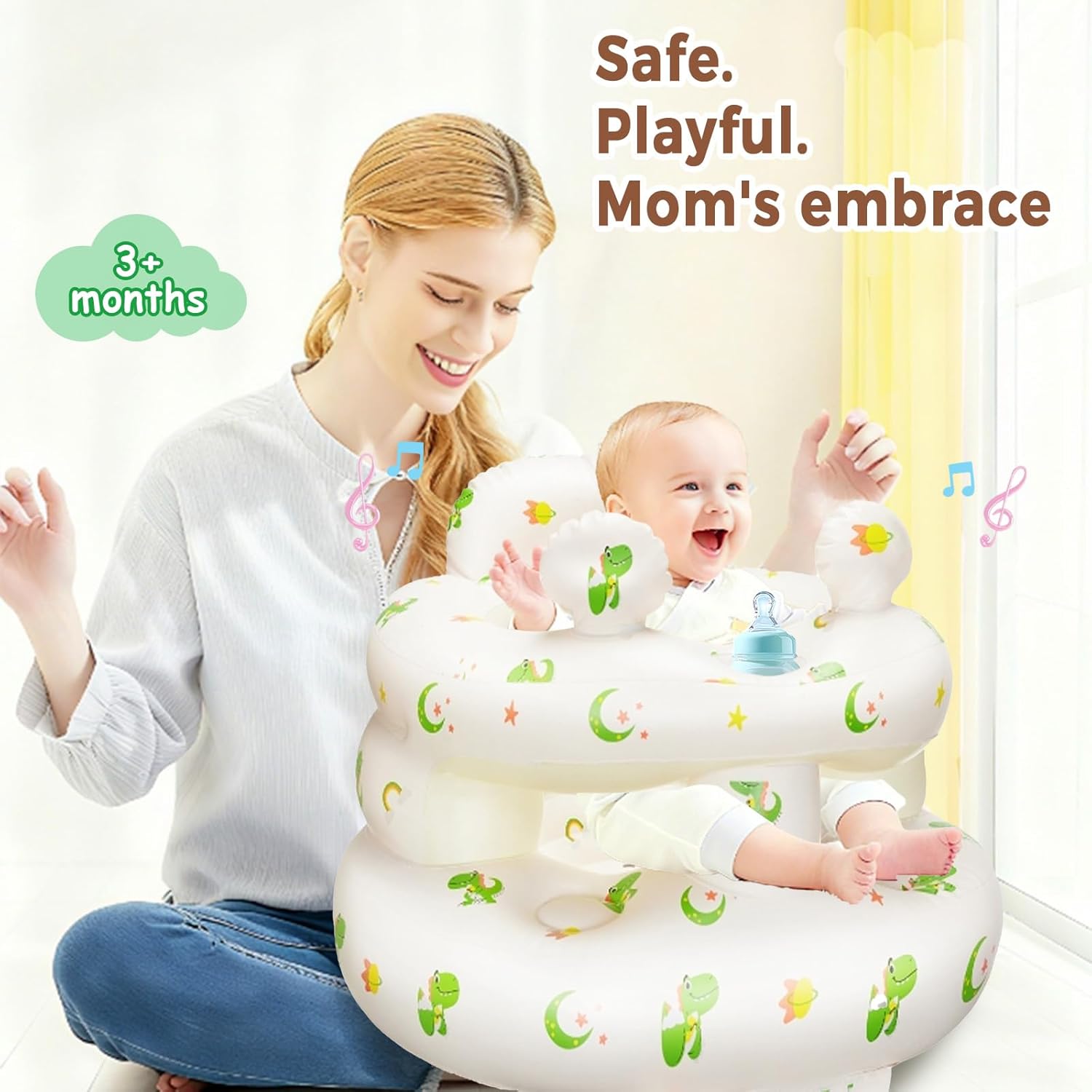 Inflatable Baby Seat for Babies 3-36 Months，[Squeaky Sound & Anti-Fall Design] Inflatable Chair with Sound-Making Ears, Baby Seat for Sitting-Up Practice, Built-in Air Pump (Ear Dinosaur)