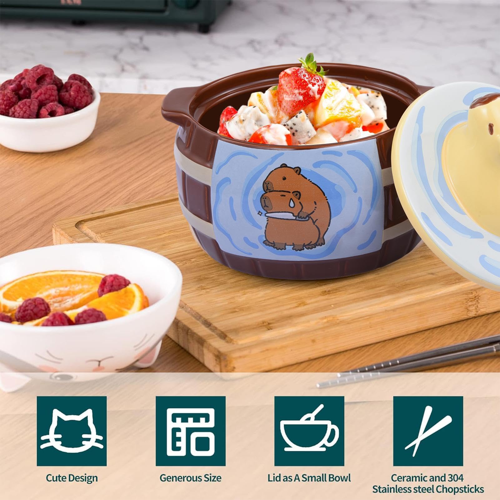 Cuencos grandes de ramen - Cuenco de fideos de cerámica con carpincho de dibujos animados | Tazas De Sopa Con Tapas Tazones De Cereales Para El Desayuno De Gran Capacidad Apto Para Microondas Con Asas