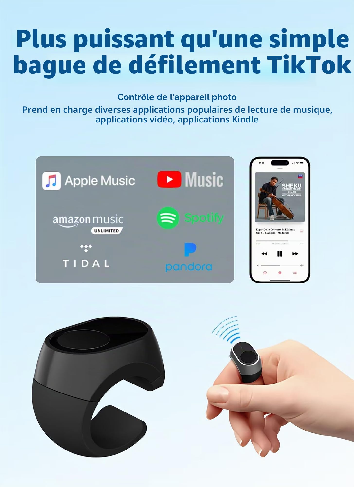 Bague de défilement Bluetooth pour TikTok, Appareil photo, Retourneur de Page - pour iPhone, iPad, tablette, iOS et Android - Noir