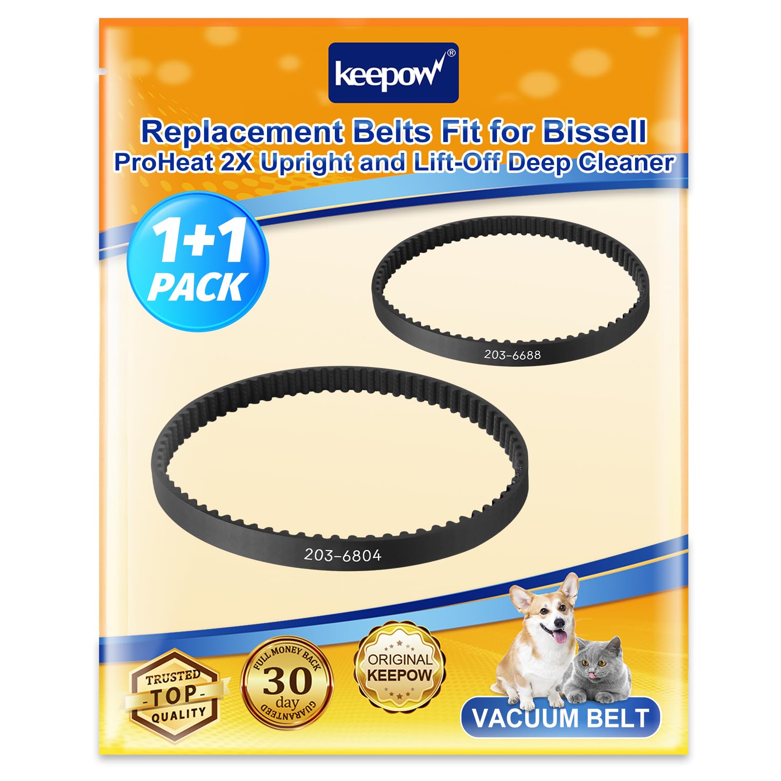 KEEPOW Vacuum Belt Compatible with Bissell ProHeat 2X Upright and Lift-Off Deep Cleaner 1383, 3930, 8930, 9200, 9300, 9400, 73H5, 30K7, 94Y2, 66E12, 66Q4 Series, Part #2036804 & 2036688, 2 Pack
