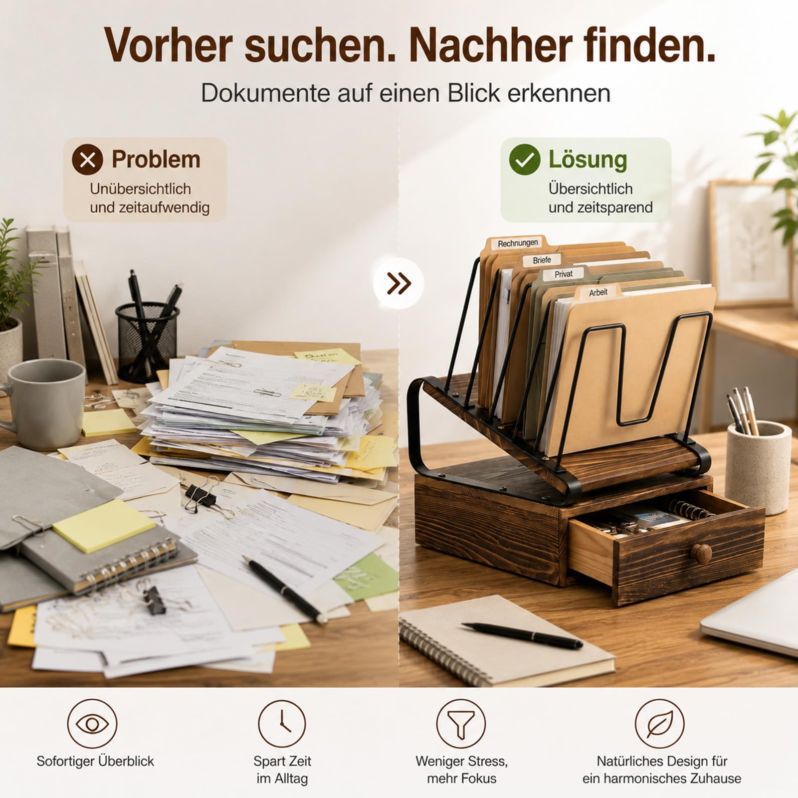 Büro Dokumentenablage Holz, Briefablage A4, Schreibtisch Organizer Holz | 5 Ebenen, Desk, Schublade, Stehsammler Papierablage für Home Office Regal, Schule und Aktenordnung