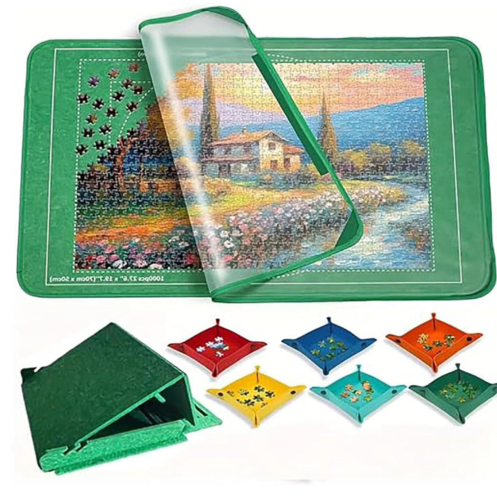 Tappetino per puzzle pieghevole in feltro da 1000 pezzi, tappetino per puzzle con cassetti, kit di accessori per puzzle portatili, vassoi per smistamento del supporto, unici per adulti green