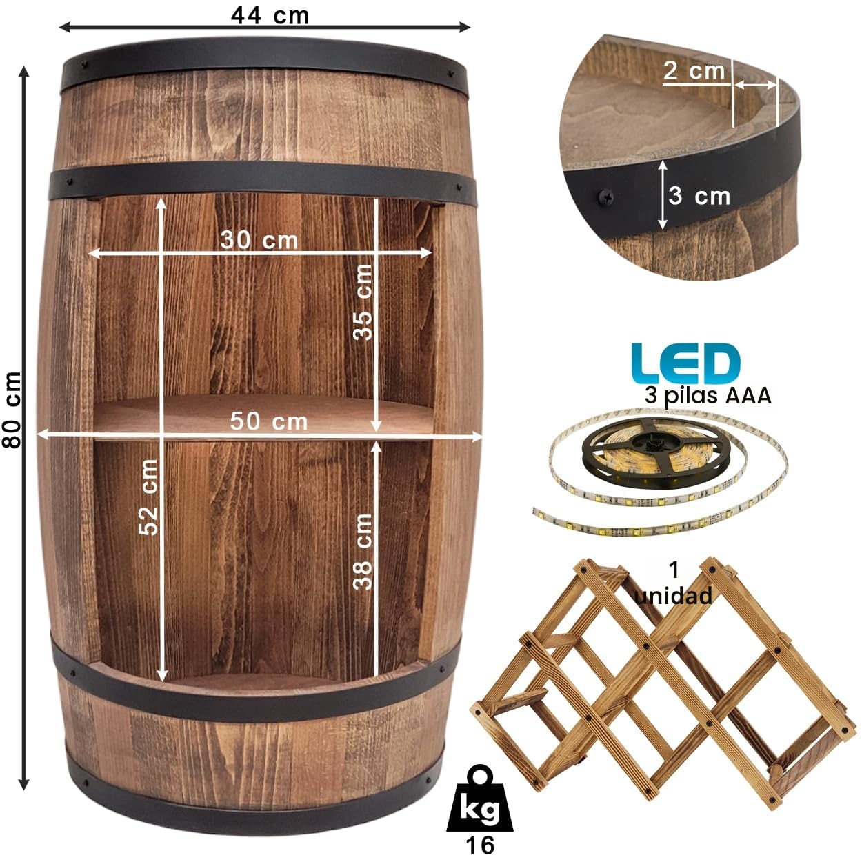 Weeco Barril de Madera Con Iluminación LED y Soporte Para Vino - Botellero Rústico de 80 cm Para Bar y Decoración