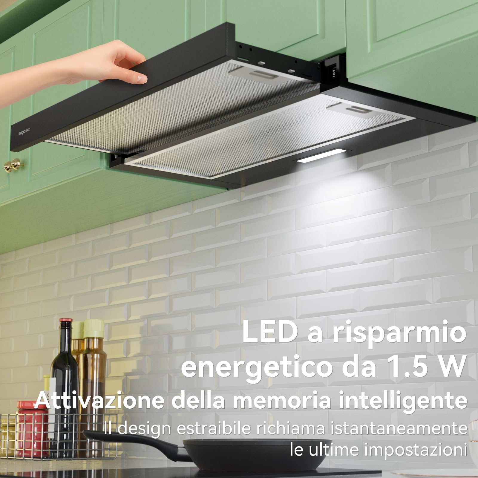 magicplux Cappa aspirante Telescopica 60 cm Nero – 370 m³/h, Classe A, LED, 60/65 dB, Estrazione/Ricircolo, Filtro al Carbone Incluso