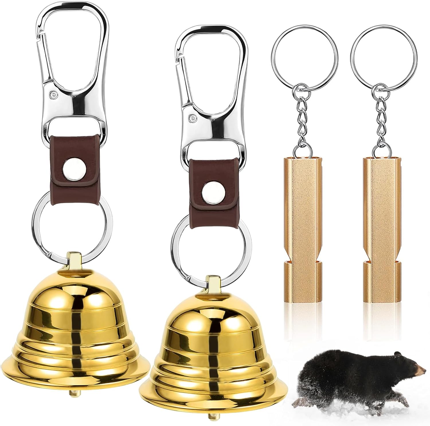 2″ Loud Bear Bells with Whistle Set for Hikers Solid Brass Emergency 3 in 1 Bear Bells with Silencer Hiking Gear for Hiking Outdoor Camping Bear Protection Products