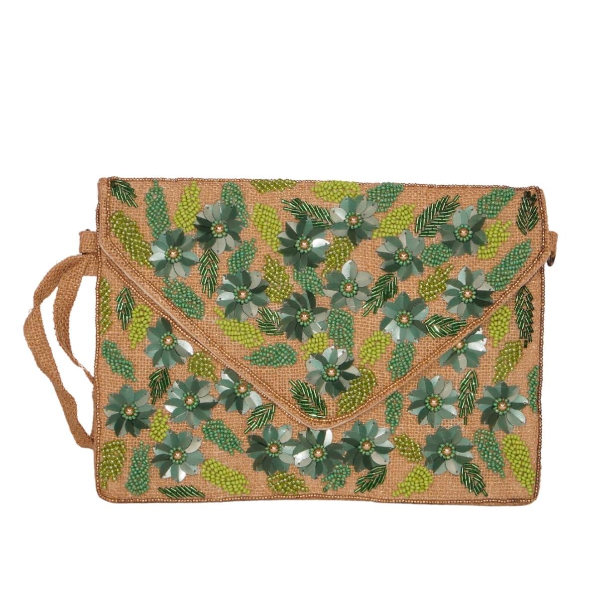 Natural Jute Envelope Clutch with Green Floral Embellishments-image-17