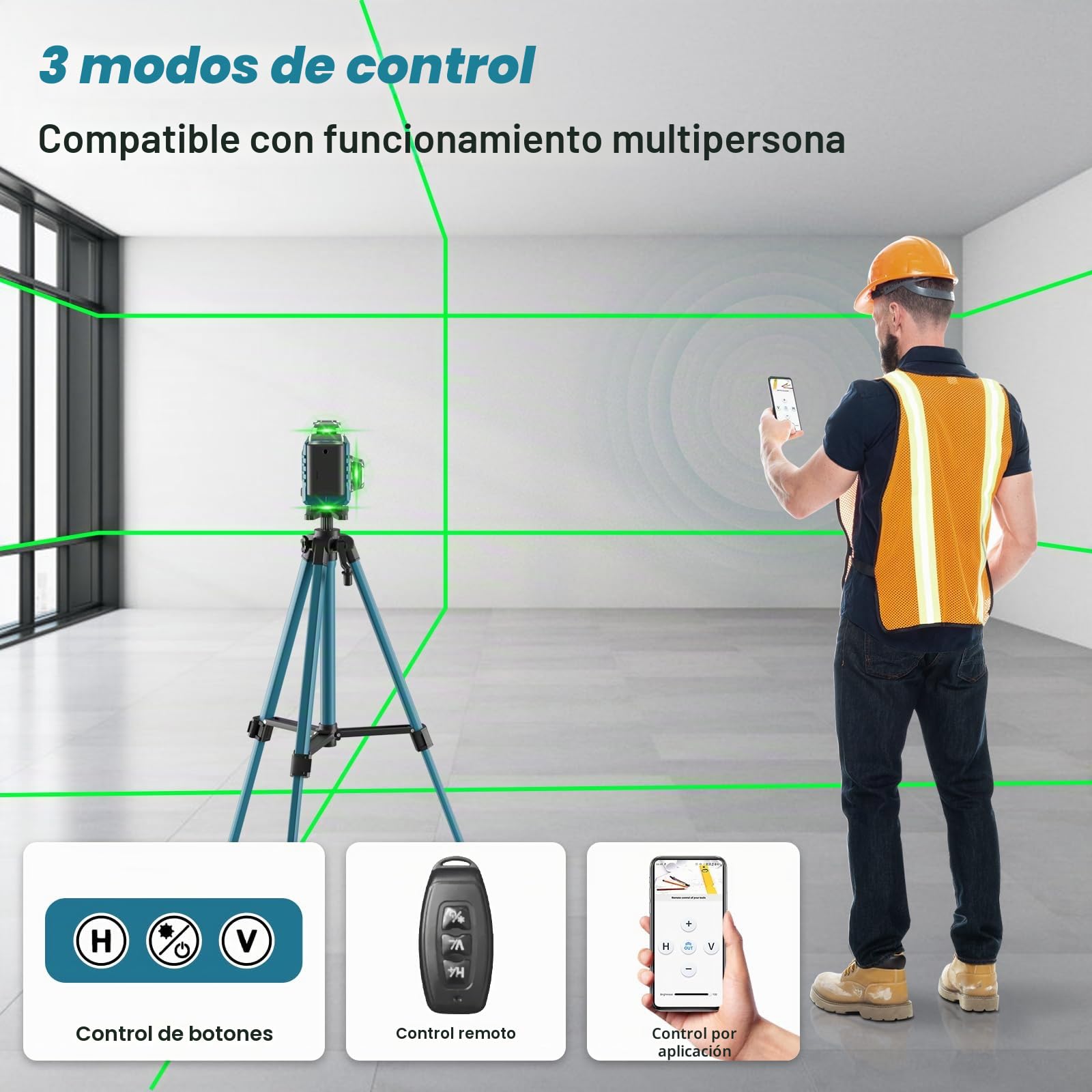 Nivel Laser con Tripode,Nivel Laser Autonivelante 360 Grados con 2x3000mAh Batería & Indicador LED,Nivelador Laser 4 x 360 °, 4D 16 Líneas Laser Verde/APP/Control Remoto/IP54 Resistente Agua