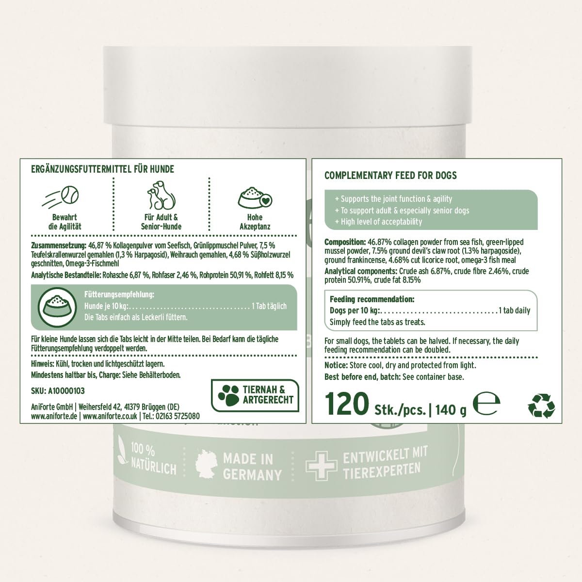 AniForte Gelenktabletten Hund AgilityVet 120 Stück - Natürlich & getreidefrei, fördert Mobilität & Bewegung, Gelenktabletten für Hunde mit Grünlippmuschel, Kollagen, Omega 3 & Teufelskralle