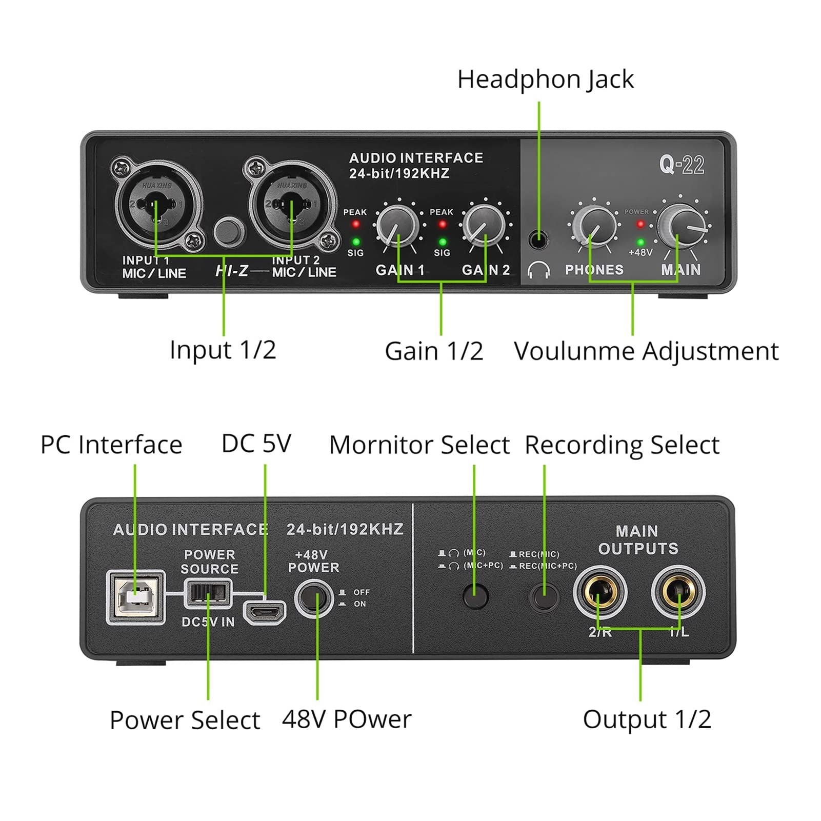 Mezclador De MúSica, Tarjeta de sonido de interfaz de audio con guitarra eléctrica de mezclador de sonido monitor for grabación de estudio en vivo micrófono fantasma potencia Mezclador De Sonidos Para