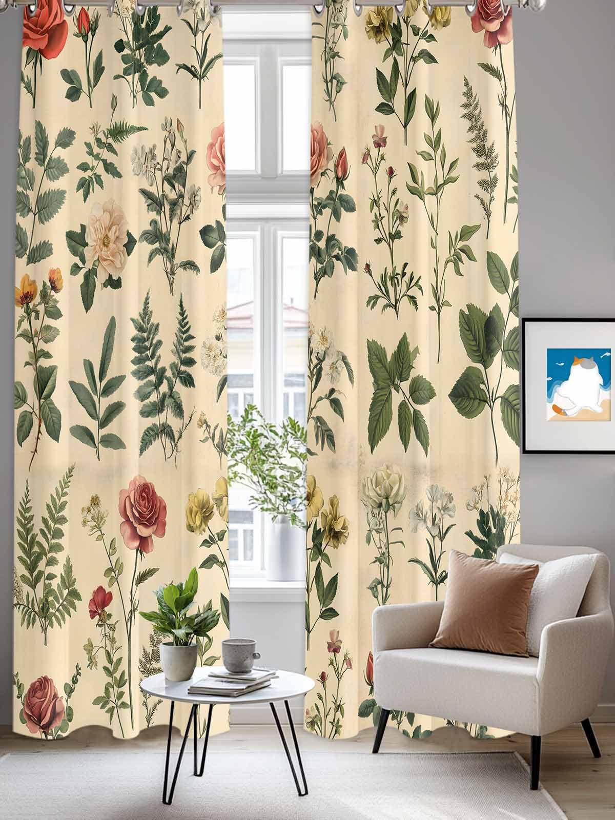 Vintage Botanical Window Curtains Panels with Silver Grommet,Boho Plants Wildflower Mushroom Leaf Kitchen Cafe Curtain Draperies Window Treatment Set for Living Room/Bedroom/Bathroom/Cafe,84x84