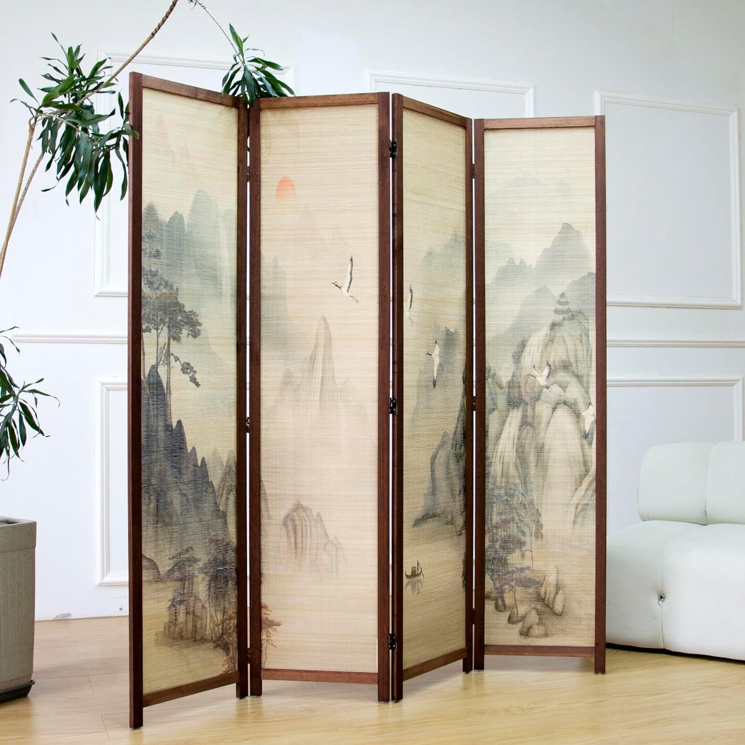 Furnnylane 4 Panel Bamboo Room Divider, 5.6 ft Tall Double-Sided Folding Privacy Screen, Premium Thickened Wood Frame with Mountains and Waters Landscape for Home Office (67" H x 63" W)