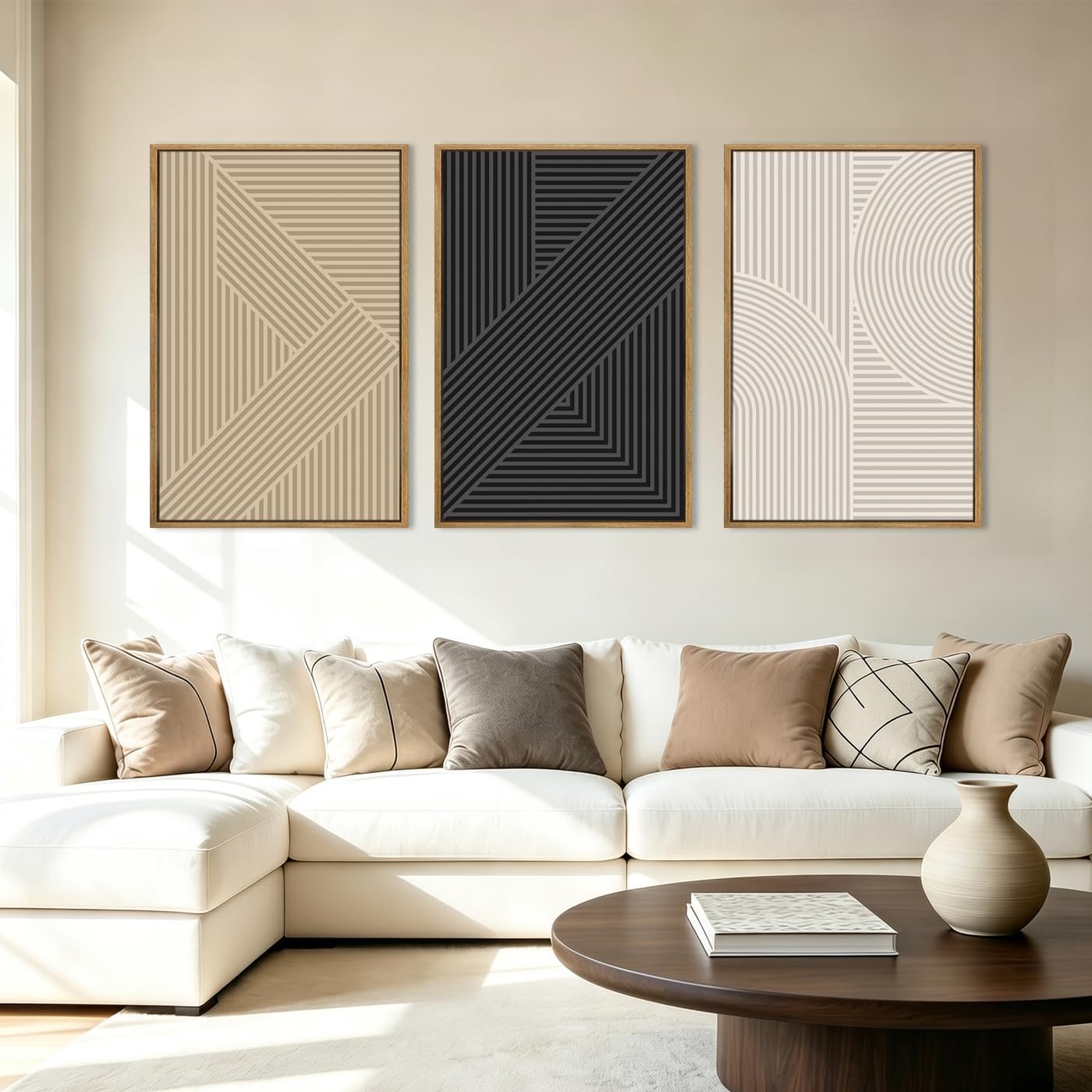 Large Neutral Abstract Wall Art Decor Framed Mid Century Modern Canvas Paintings Artwork for Living Room Bedroom Bathroom 36x24 Inch Set of 3