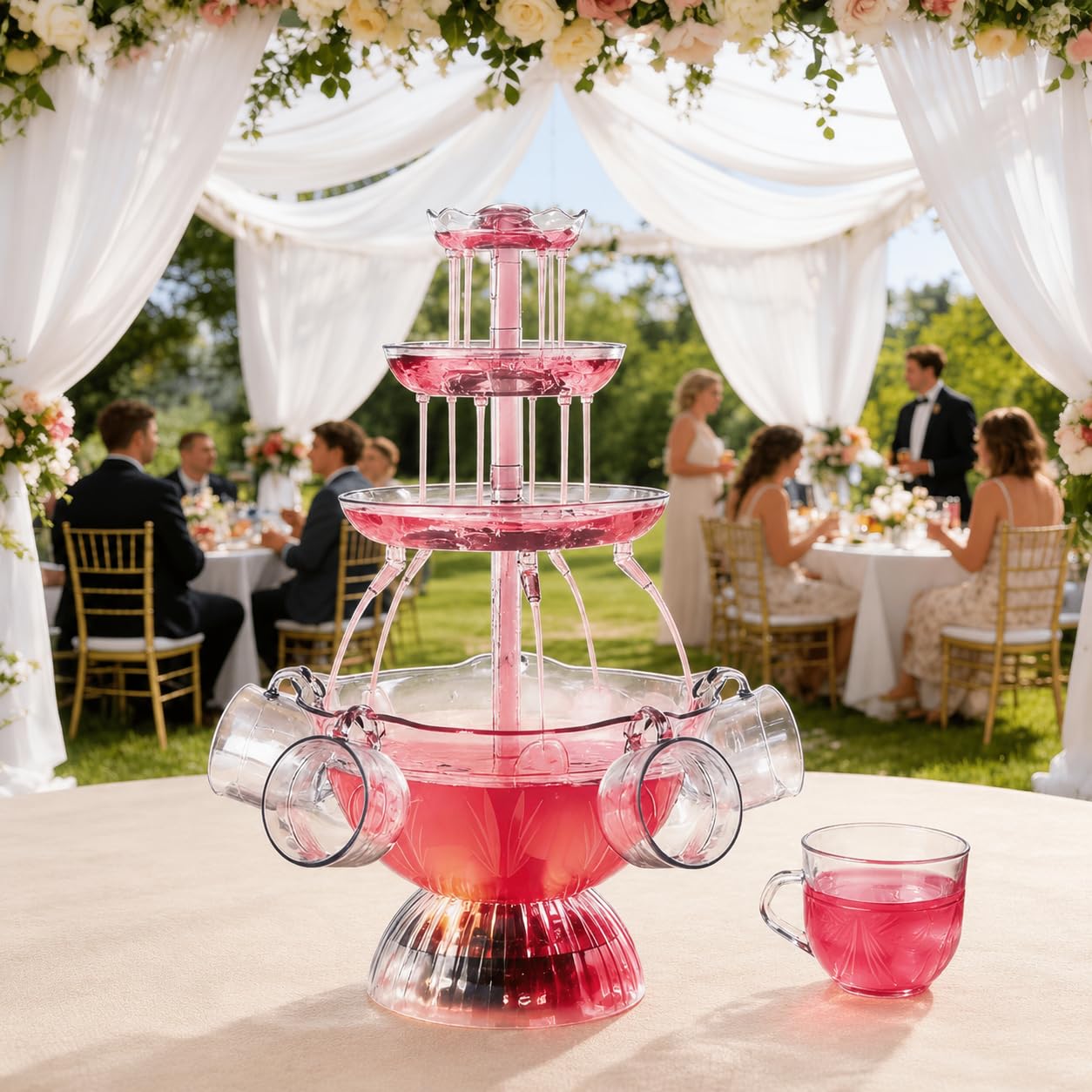 Dispensador de bebidas con 5 tazas reutilizables para fiestas, eventos, bares, cafeterías y reuniones, ideal para servir bebidas elegantes fácilmente
