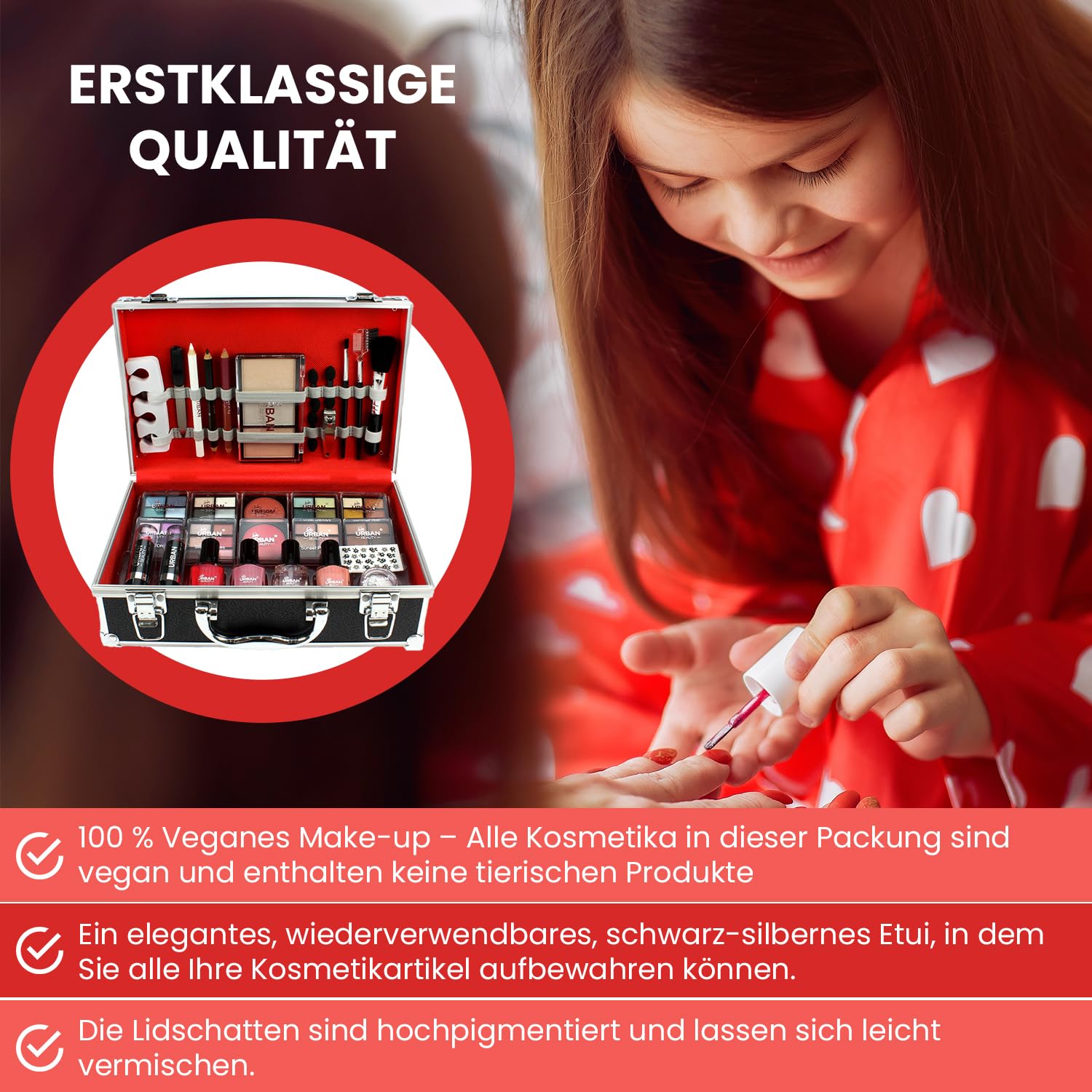 Love Urban Beauty Veganes French Maniküre Makeup Box - 76-teiliges Makeup Set - Enthält Lidschatten, Highlighter, Lippenstift, Rouge, Pinsel, Maniküre Zubehör - Idealer Schminkkoffer für Zuhause