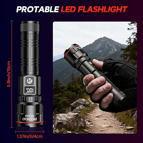 Miniatura 7 de RECHOO Linternas LED recargables de alto lúmenes, 2 unidades, 6000 lúmenes, linterna súper brillante, potentes linternas de campamento con pantalla