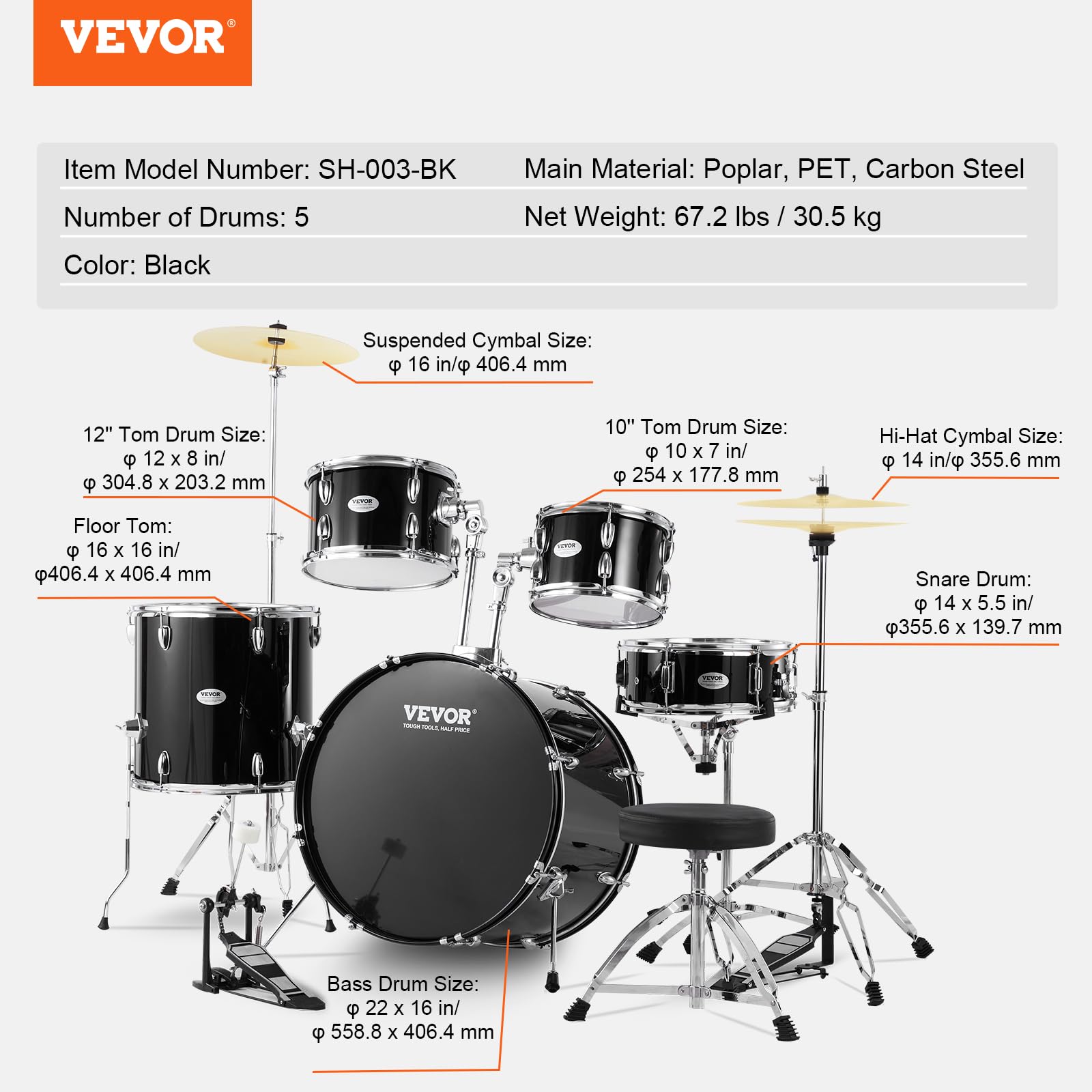VEVOR Kit de Batterie pour Adulte, 560 mm, Batterie complète débutant Pleine Grandeur, 5PCS, Basses Toms, Caisse Claire, siège, Supports, cymbales Charleston, Baguettes, Instruments de Musique, Noir