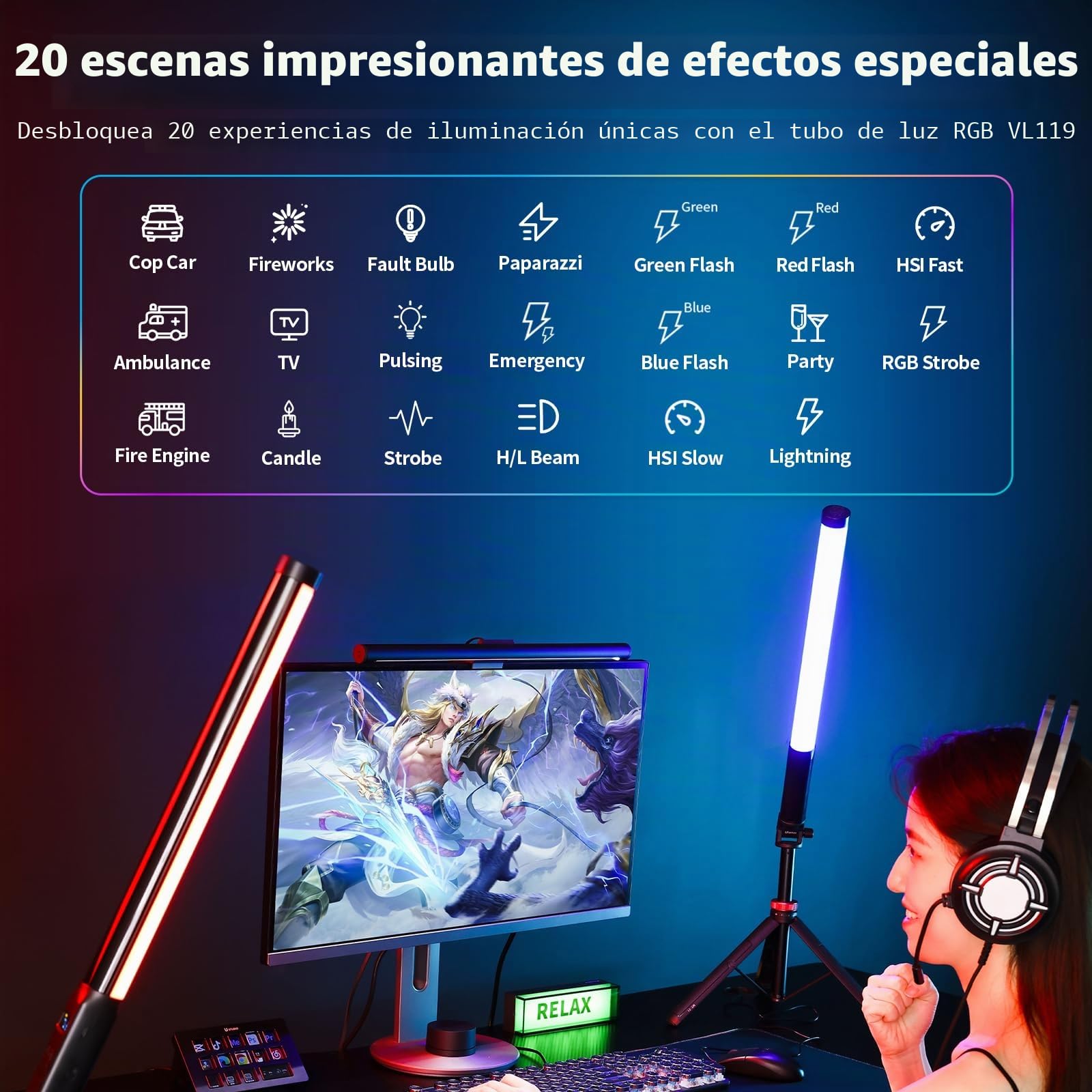 ULANZI VL119 - Lámpara de video portátil (10 W, 360° colores completos RGB, 360 Lux@0,5 m, batería 3300 mAh, 2500 K-9000 K ajustable)
