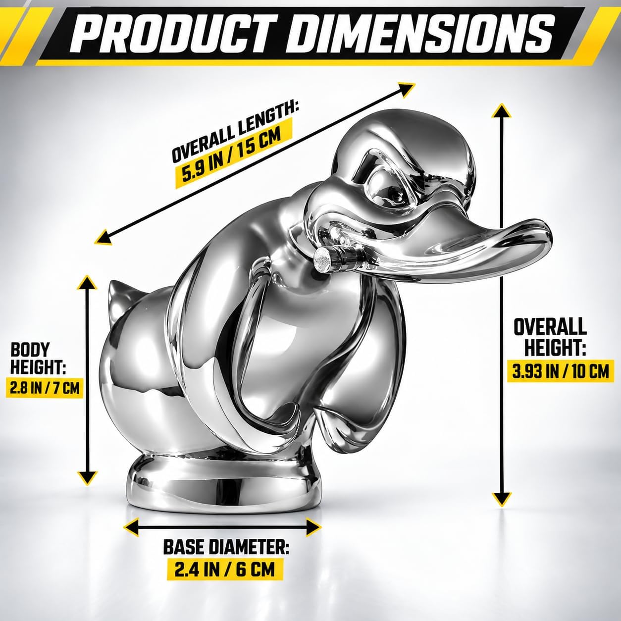 Angry Duck Hood Ornament — 3D Chromed Metal Duck Mascot by,Electroplated Chrome Car Hood Ornament & Desktop Figurine (Silver Plating)
